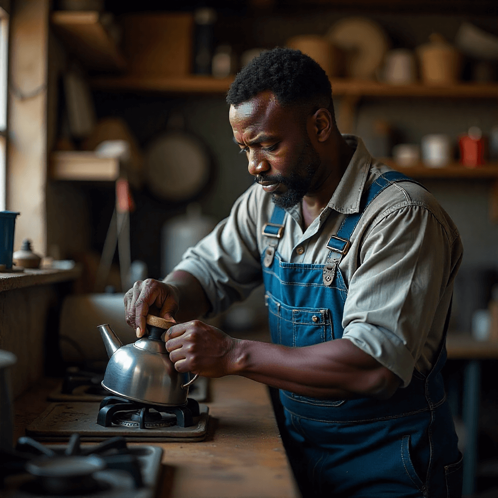 man repairing kettle in shop