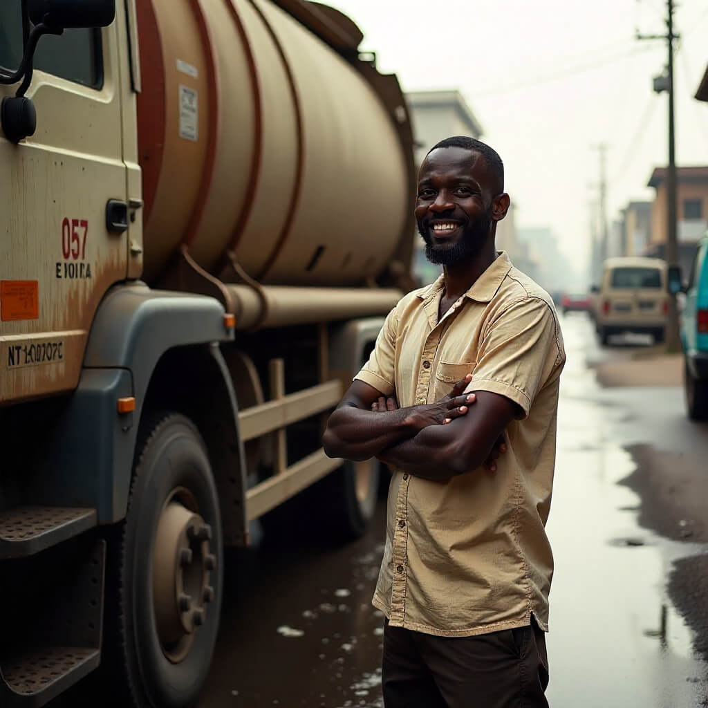 man standing by sewage truck